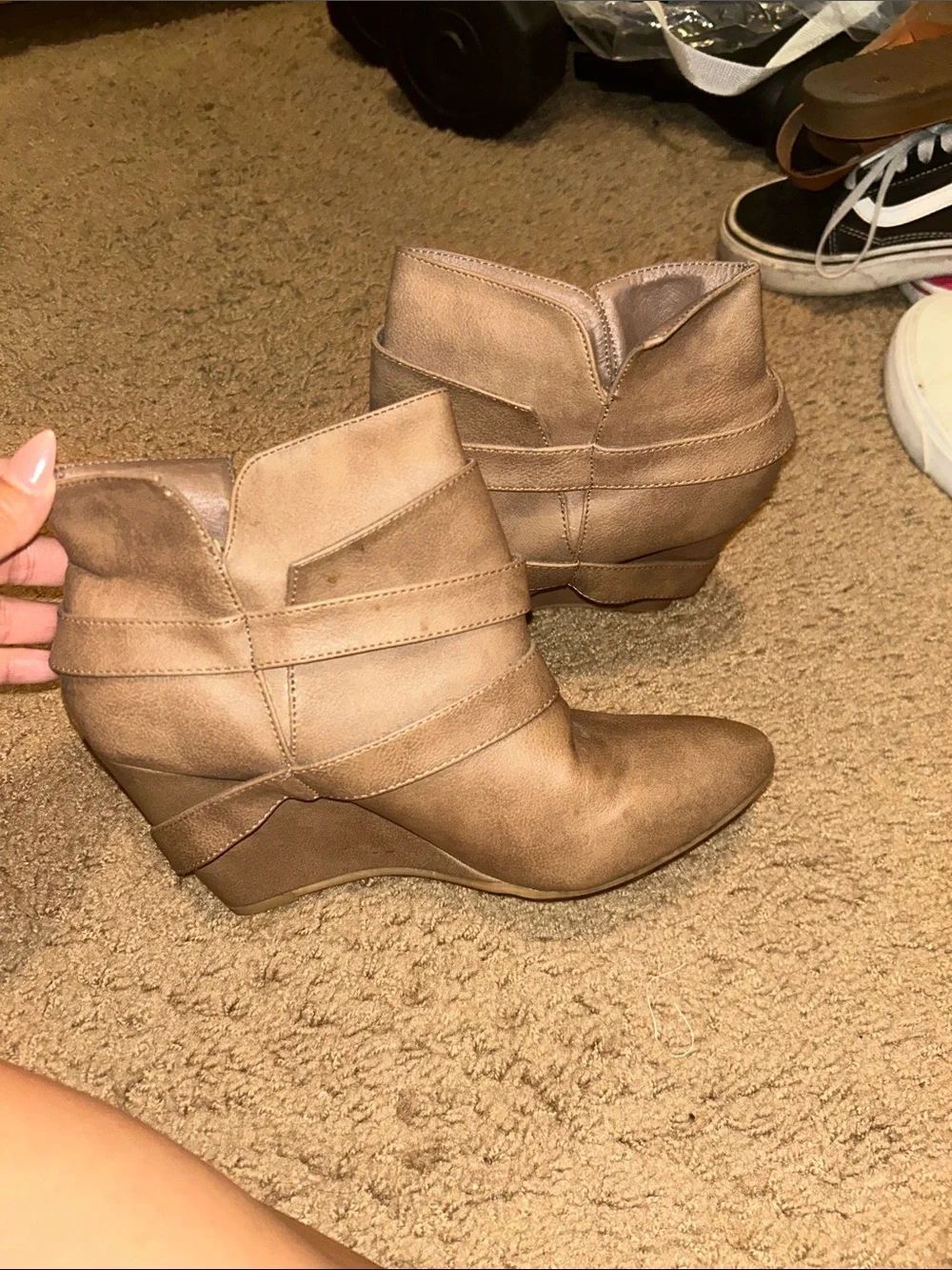 Women’s Taupe Wedge Ankle Boots - Stylish Strapped Design